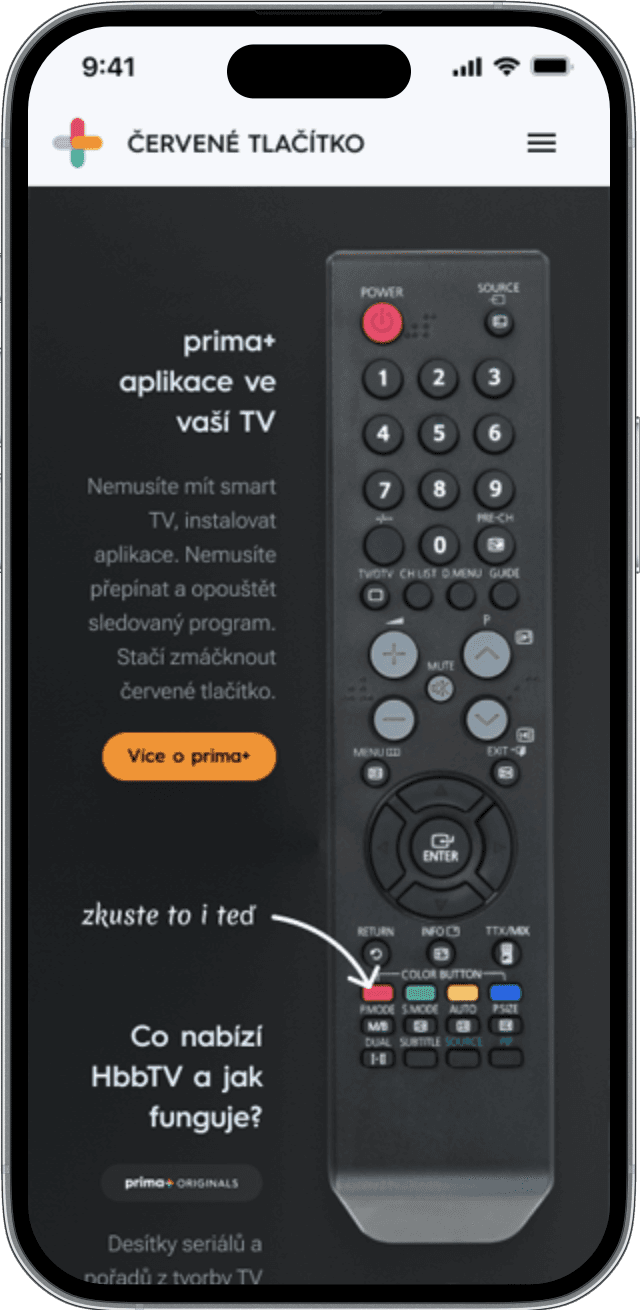 Prima red-button HbbTV information page on mobile